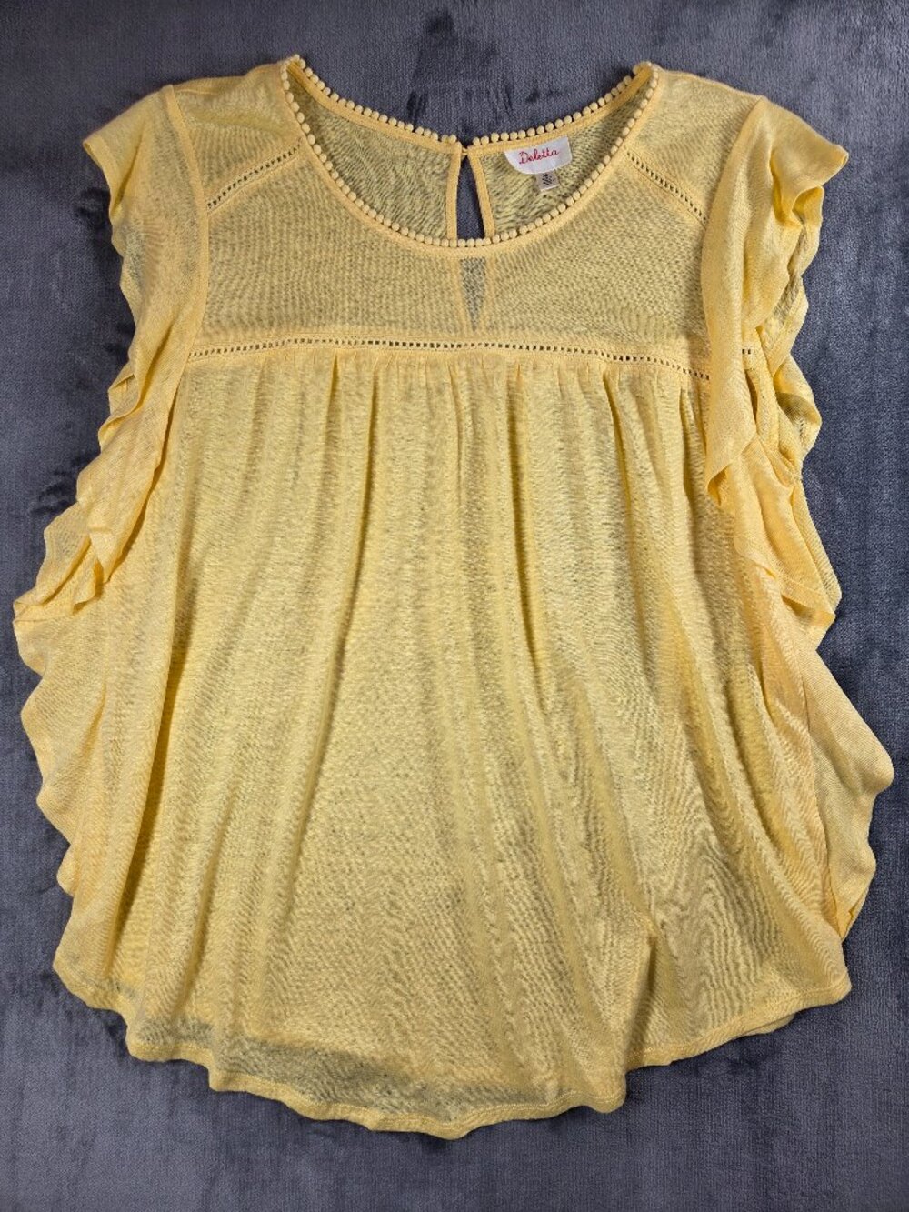 Deletta Anthropologie Top Blouse Womens M Yellow Ina Ruffle Sleeve Linen Boho